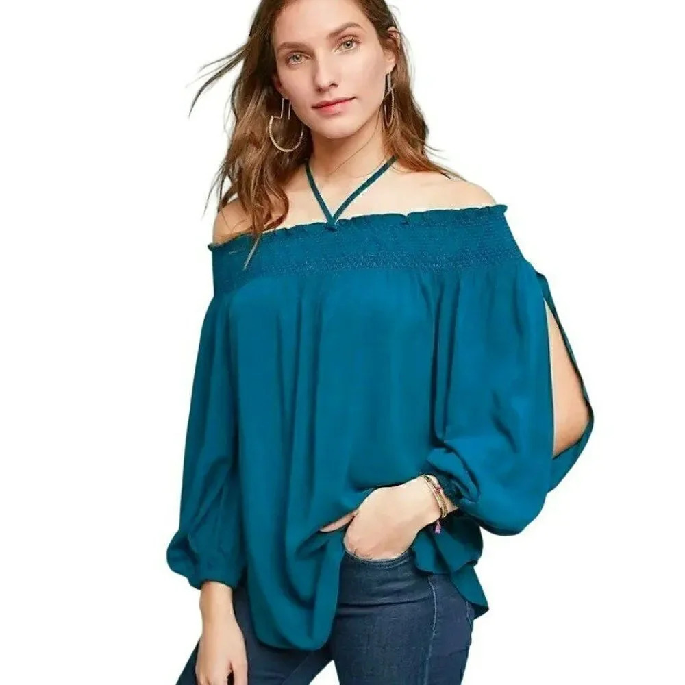 NEW Anthropologie Holding Horses Rosario Top Women Large Off Shoulder Green Teal